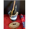 Image 4 : Assortment Lot - Antique Fire Extinguisher, Antique Iron & Small Pail w/ Brushes