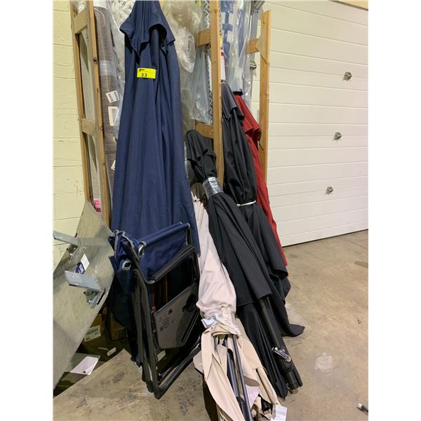 5 ASSORTED PATIO UMBRELLAS & FOLDING CHAIR