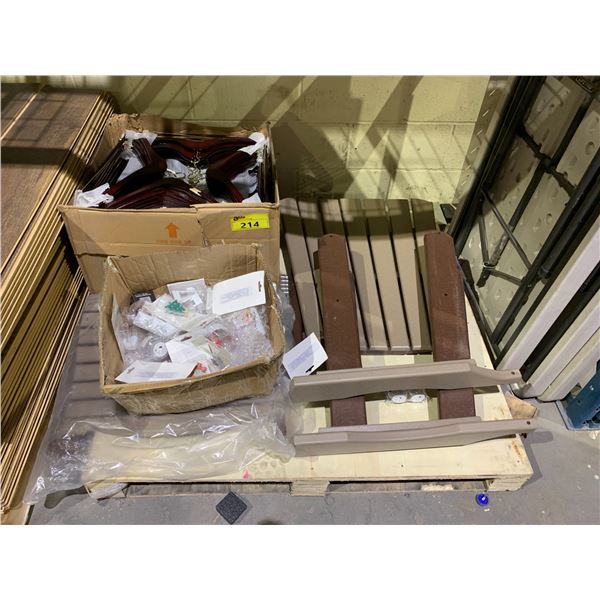 PALLET OF ASSORTED ITEMS INCLUDING; PATIO LOUNGE CHAIR, HANGERS & BOX OF CHRISTMAS DECOR