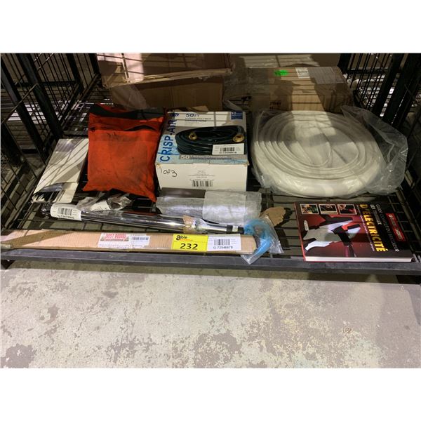 ASSORTED ITEMS INCLUDING; GARDEN HOSE, BATHROOM MOLDING, CHAIR PARTS & MORE