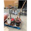 Image 1 : PALLET OF ASSORTED ITEMS INCLUDING; SQUEEGEE, FLUID PUMP BUCKET, TOOLS & MORE