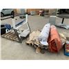 Image 1 : 2 PALLETS OF ASSORTED ITEMS INCLUDING; ROLLS OF FABRIC, TABLE TOP & WEIGHT BENCH WITH BARBELL