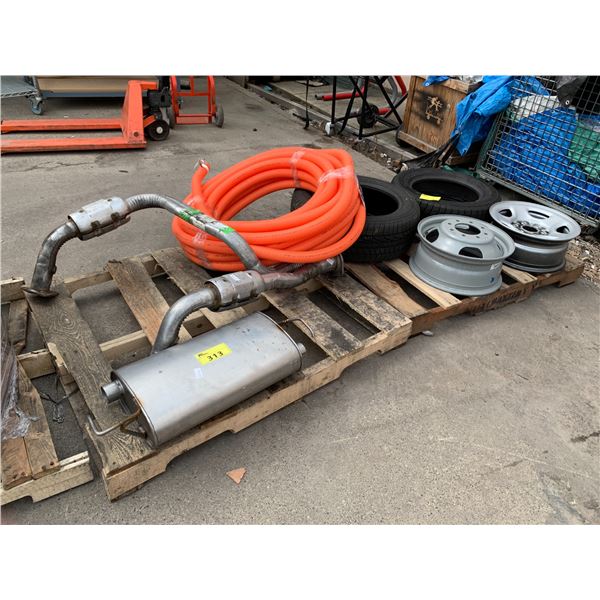 2 PALLETS OF ASSORTED ITEMS INCLUDING; CHROME EXHAUST, RIBBED HOSING, TIRES & RIMS