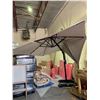 Image 2 : 10'11 SEASONS CENTURY LED SOLAR OFFSET OUT DOOR UMBRELLA WITH 3 SAND/ WATER WEIGHTED BASES *ONE ARM