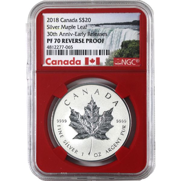 2018 1oz $20 Silver Maple Leaf 30th Anniversary NGC PF70 Reverse Proof Early Releases (Tax Exempt)