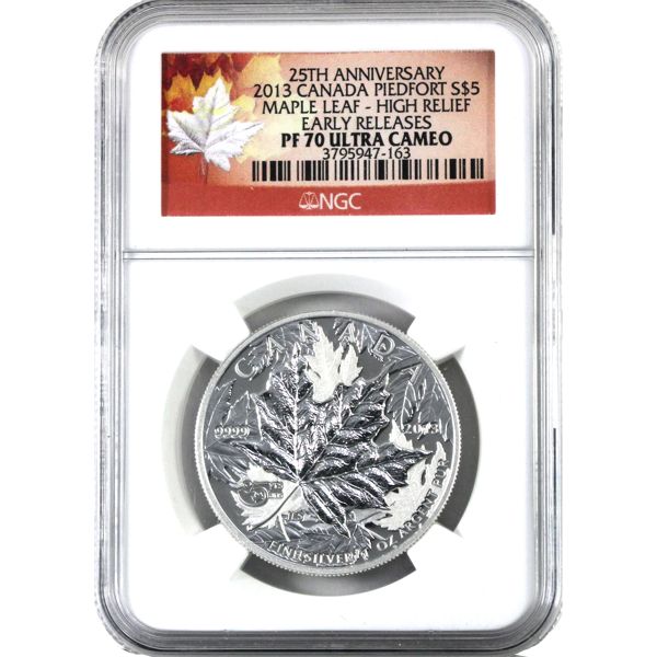 2013 1oz $5 Silver Maple Leaf 25th Anniv. High Relief Piedfort NGC PF70 Ultra Cameo Early Releases