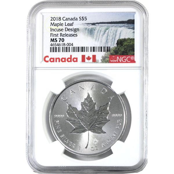 2018 1oz $5 Incuse Design Silver Maple Leaf NGC MS70 First Releases (Tax Exempt)