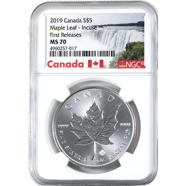 2019 1oz $5 Incuse Design Silver Maple Leaf NGC MS70 First Releases (Tax Exempt)