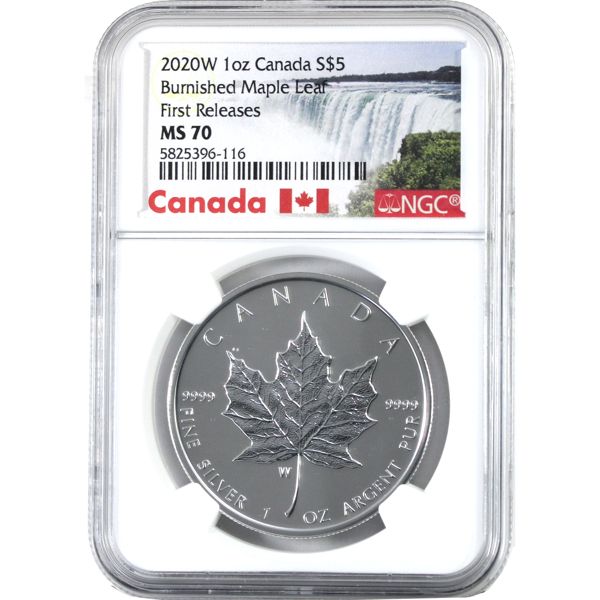 2020W 1oz $5 Burnished Silver Maple Leaf NGC MS70 First Releases (Tax Exempt)