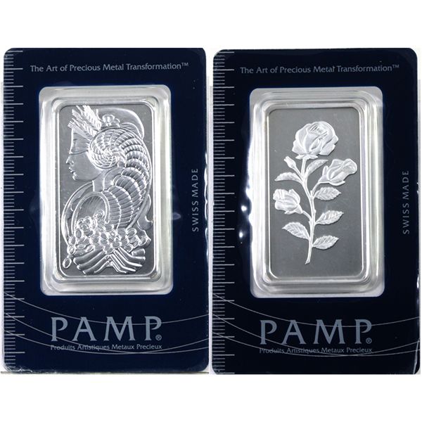 Pamp Suisse 1oz Lady Fortuna & Rosa Design .999 Fine Silver Bars in Hard Plastic Certificates. 2pcs