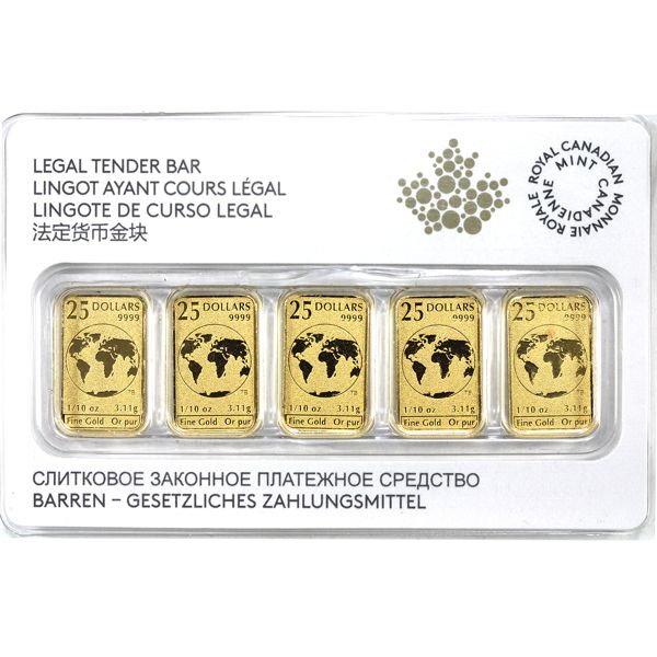 5x 2018 Canada 1/10oz $25 Legal Tender .9999 Fine Gold World Bars in Hard Plastic Certificate