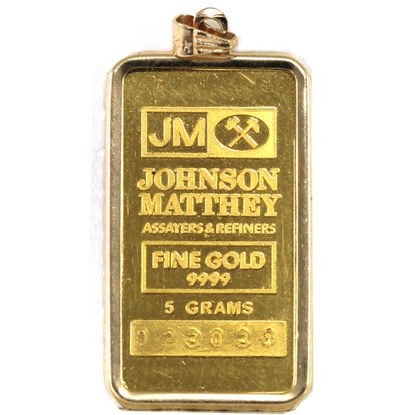 Johnson Matthey 5g .9999 Fine Gold Bar in 14K Gold Bezel Weighing 0.5g (Tax Exempt)