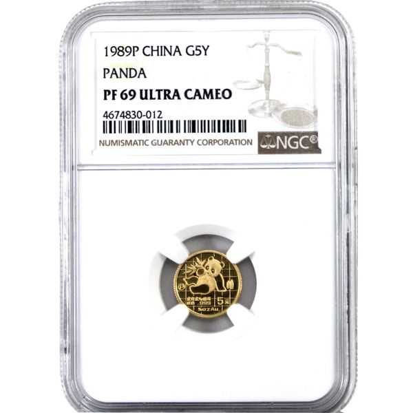 1989P China 5 Yuan 1/20oz .999 Fine Gold Panda NGC PF69 Ultra Cameo (Tax Exempt)