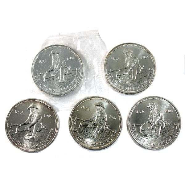 Vintage! 1982, 1984, 1985, 1986 & 1987 Engelhard 'The American Prospector' 1oz Fine Silver Rounds
