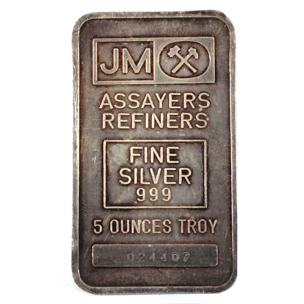 Scarce! 5oz Johnson Matthey .999 Fine Silver Bar with Blank Back (Tax Exempt)