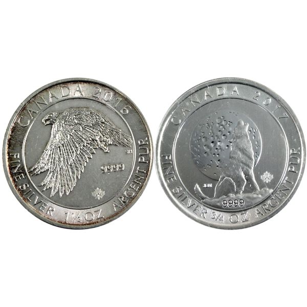 2016 Canada $8 1.5oz Snow Falcon & 2017 3/4oz Howling Wolf .9999 Fine Silver. 2pcs (Tax Exempt)