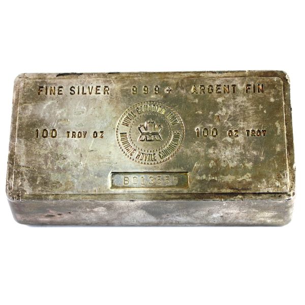 *Vintage Royal Canadian Mint 100oz .999 Fine Silver Bar Serial #B013555 (Tax Exempt)