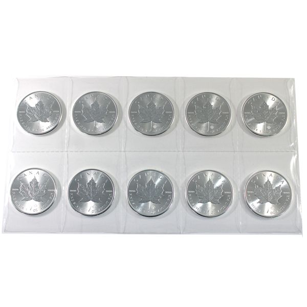 Sheet of 10x 1oz 2014 Canada $5 SML .9999 Silver Coins in Mint Plastic (Tax Exempt)