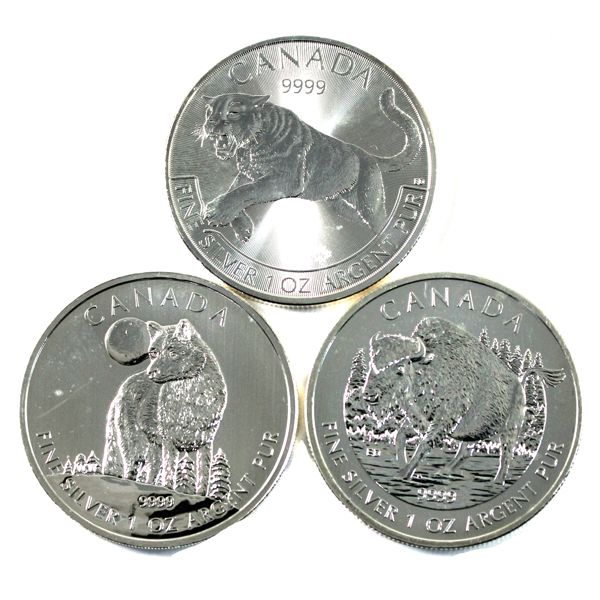 2011-2016 Canada 1oz Wildlife Series .9999 Fine Silver Coins. 3pcs. (Tax Exempt)