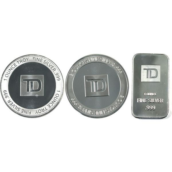 TD Bank 1oz & 2oz .999 Silver Rounds and 1oz .999 Fine Silver bar. 3pcs. (Tax Exempt)