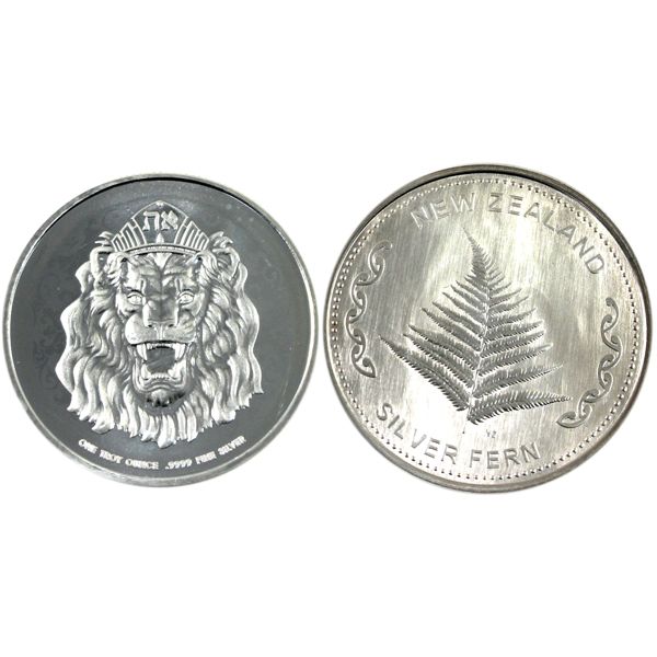 1oz Niue 2021 $2 Roaring Lion & New Zealand Silver Fern Aotearoa Fine Silver Rounds. 2pcs.