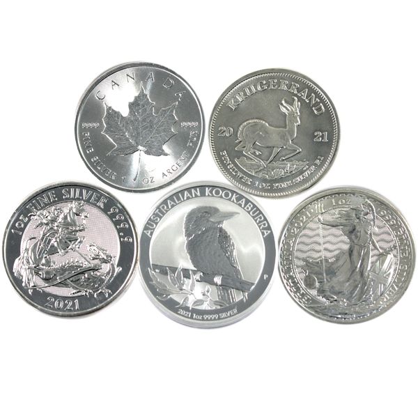 Lot of 2021 World 1oz Fine Silver Coins. 5pcs. (Tax Exempt)