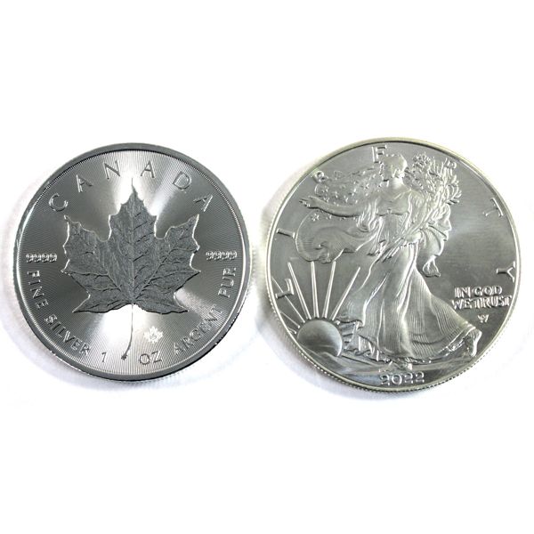 2022 Canada $5 SML & USA $1 American Eagle 1oz Fine Silver Coins. 2pcs. (Tax Exempt)