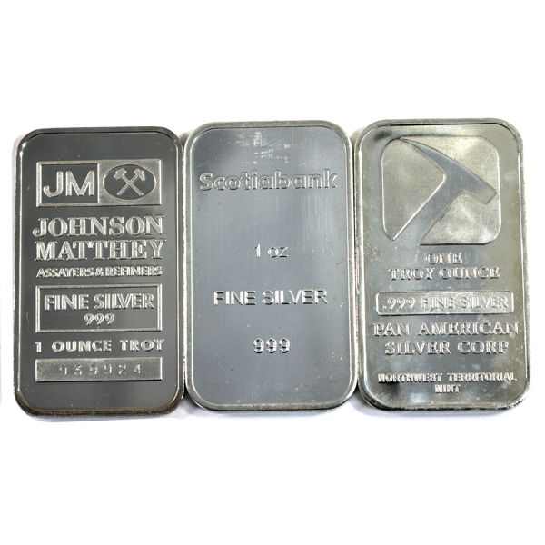 Mixed Lot of 1oz .999 Fine Silver Bars. 3pcs. (Tax Exempt)