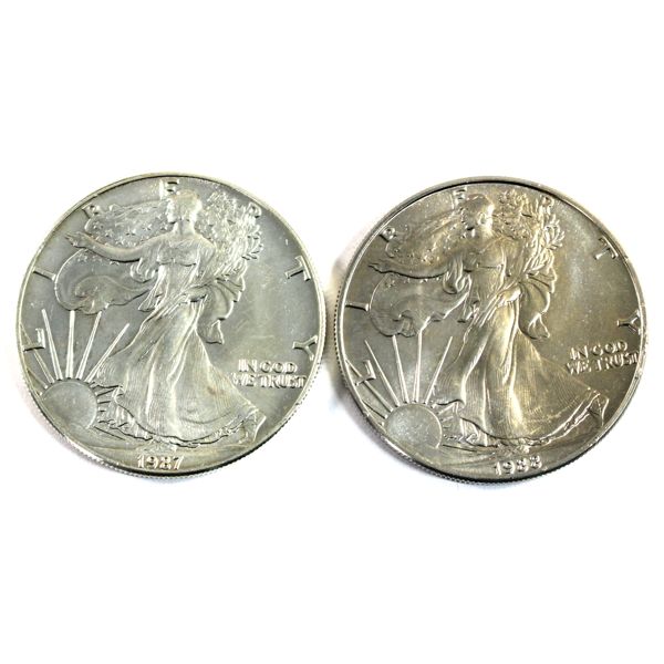 1987 & 1988 USA $1 American Eagle 1oz Fine Silver Coins. 2pcs. (Tax Exempt)