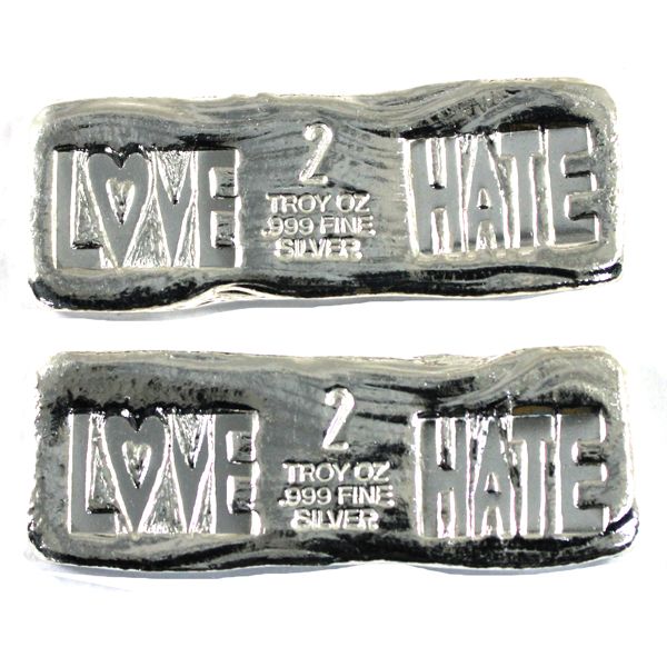 Beaver Bullion 2oz Love Hate .999 Fine Silver Bars. 2pcs. (Tax Exempt)