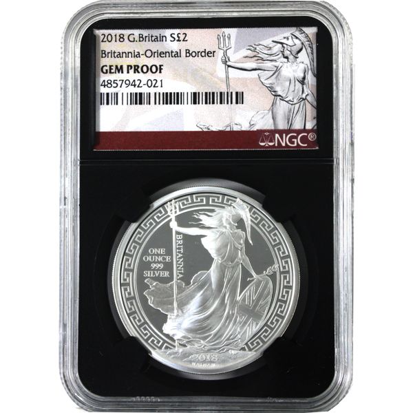 2018 Great Britain 2 Pounds 1oz Fine Silver Britannia Oriental Border NGC GEM PROOF (Tax Exempt)