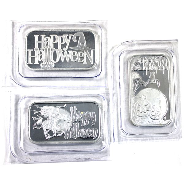  1oz .999 Fine Silver Happy Halloween Bars in Original Mint Plastic. 3pcs. (Tax Exempt)
