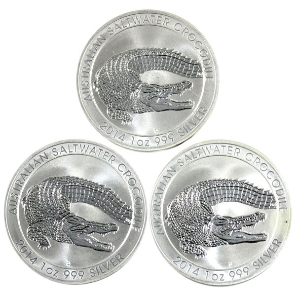 2014 Australia $1 Australian Saltwater Crocodile 1oz .999 Fine Silver Coins. 3pcs. (Tax Exempt)