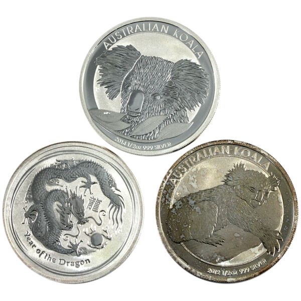 2012-2014 Australia 50-cents 1/2oz .999 Fine Silver Coins. 3pcs. (Tax Exempt)
