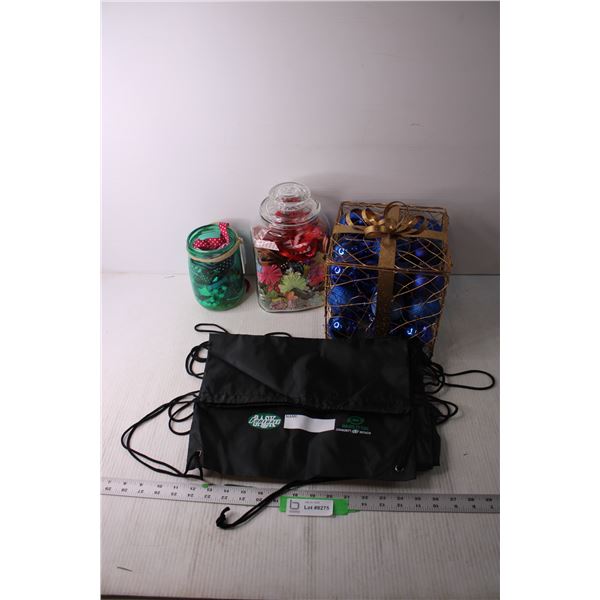 Holiday Decor, ribbon/craft items in jars and Rider bag