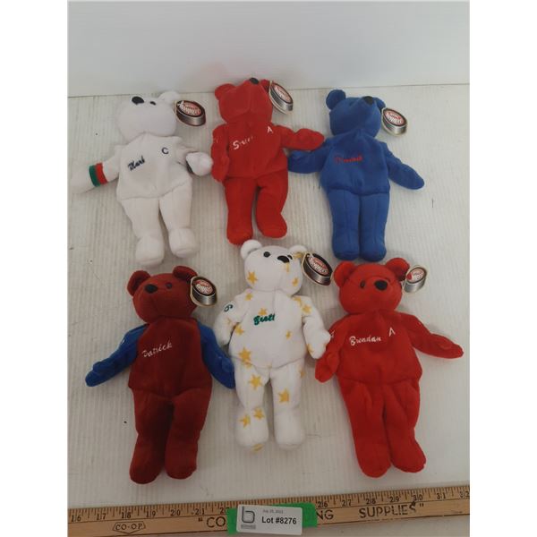 (6) Hockey Player Stuffed Bears with hang tag info: Messier, Hasek, Hull, Fedorov, Roy & Shanahan