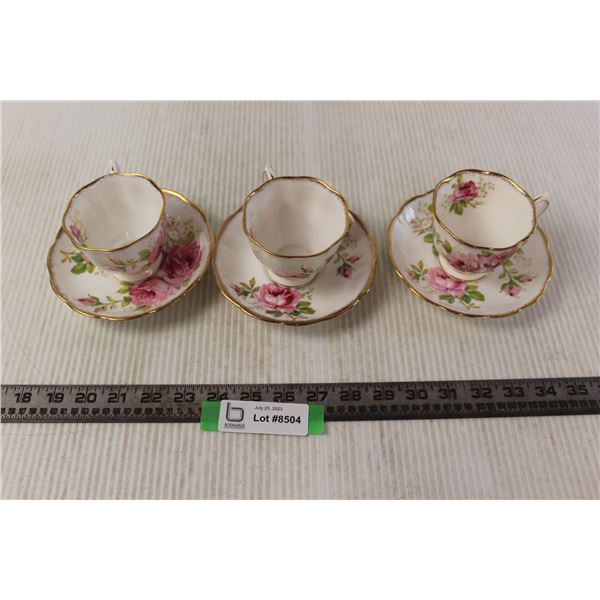 (3) American Beauty by Royal Albert Teacups and Saucers (One has Chip)