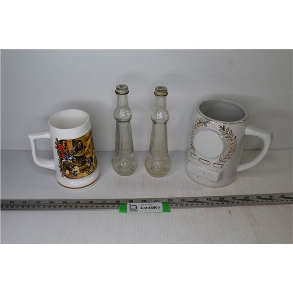 (2) WhiteHall Olive Oil Containers - White Glass Stein France - White Ceramic Stein