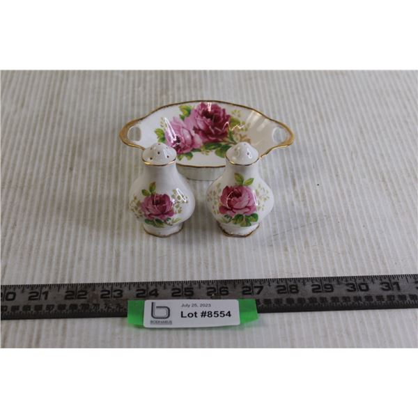 American Beauty Royal Albert Salt and Pepper Shakers, Small Serving Tray