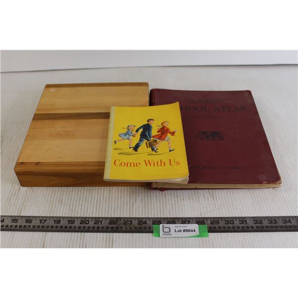 Wooden Chopping Block, (2) Schoolbooks