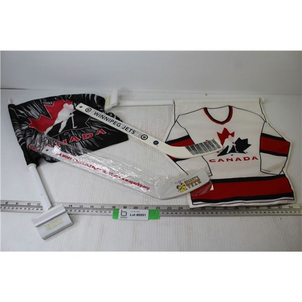 Plastic Sparky & Winnipeg Jets Hockey Sticks - (2) Canada Window Flags