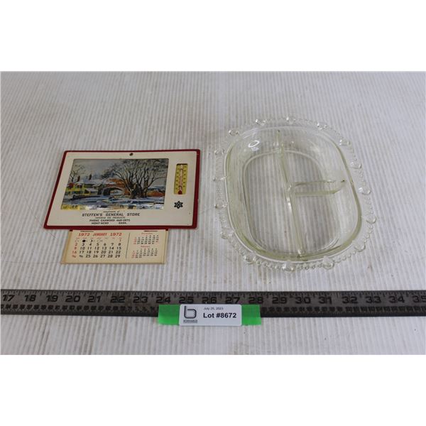 Depression Glass Divided Dish, Advertisement Calendar with Thermometer (Mont-Nebo)