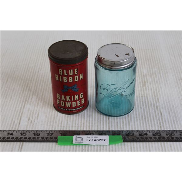 Blue Ribbon Baking Powder Tin, Blue Ball Improved Jar - Bodnarus ...