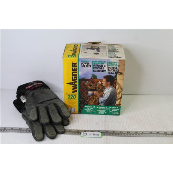 Wagner 120 Paint Sprayer (unused in water damaged box)- Pair of Men's Gloves (size m)