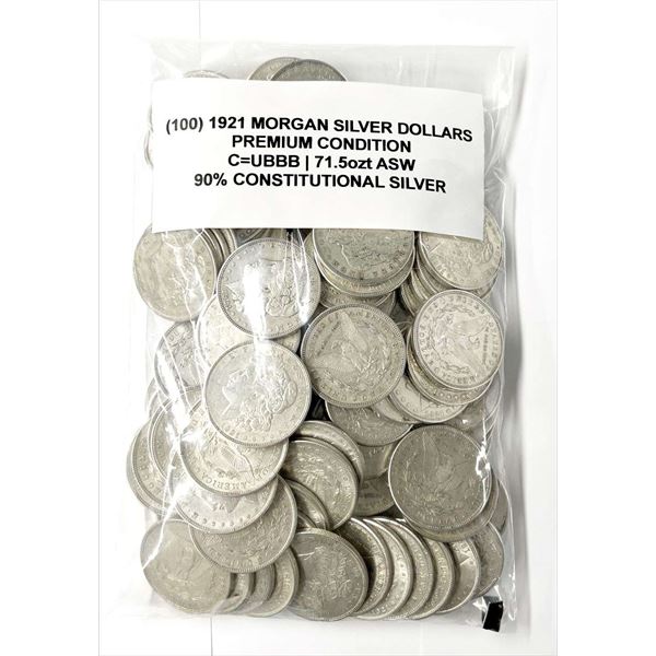 Bag $100 1921 Morgan Silver Dollars Premium Condition (100-coins)