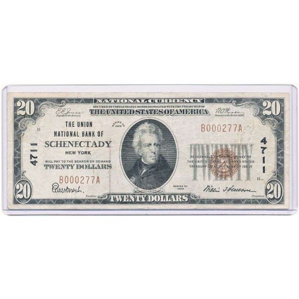 Rare 1929 The Union National Bank Of Schenectady New York $20 Note