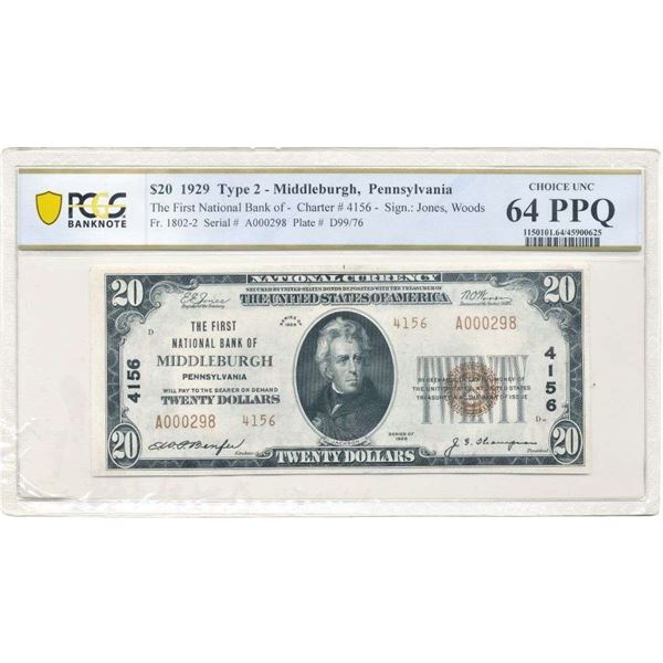 Rare 1929 The First National Bank Of Middleburgh Pennsylvania $20 Note Type 2 PCGS CH. Unc. 64 PPQ