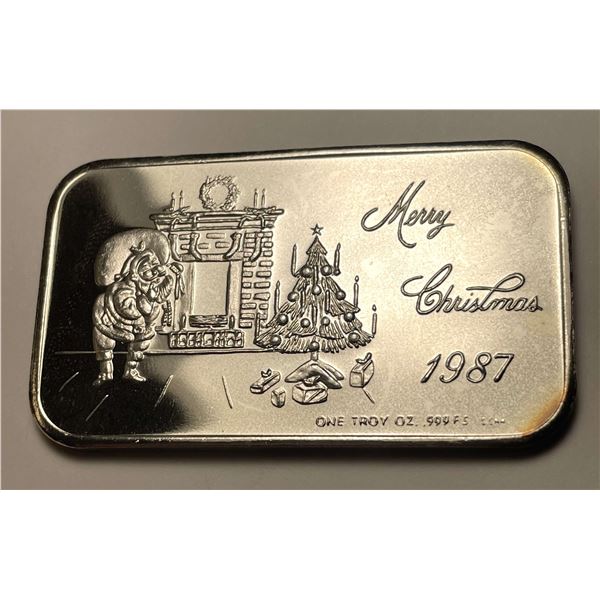 1987 Merry Christmas 1 ozt .999 Silver Bar