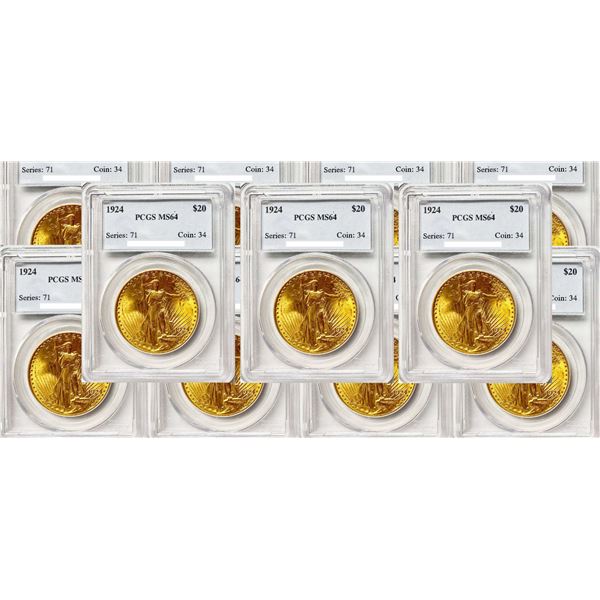 Ten (10) $20 Saint Gaudens Gold PCGS MS64
