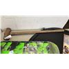 Image 8 : 3 DOUBLE HANGING SHELVES WITH SKATEBOARD DECK, BOOT CLEANER BRUSH, SLEDGE  AND METAL SIGN